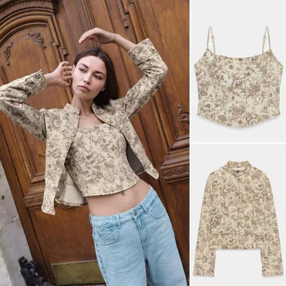 Early Autumn New Arrival Women's Fashion Floral Print Top Short Jacket ZR Style 9942158 Ladies' Premium Set Work Uniform