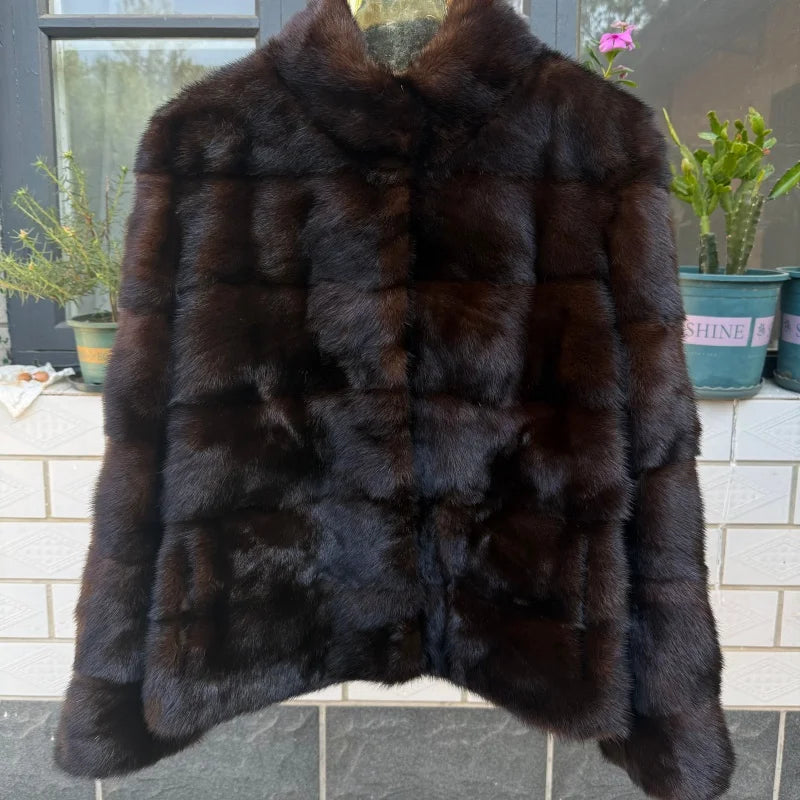 Black Horizontal Lapel Ladies' High-End Mink Fur Coat, Handcrafted