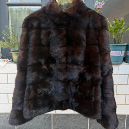 Black Horizontal Lapel Ladies' High-End Mink Fur Coat, Handcrafted