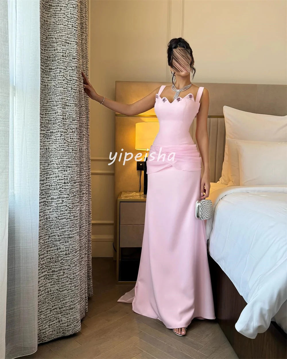 Customized Matching Elegant Jersey Rhinestone Draped Pleat Straight Square Neck Long Dresses Bespoke Occasion Dresses Sexy