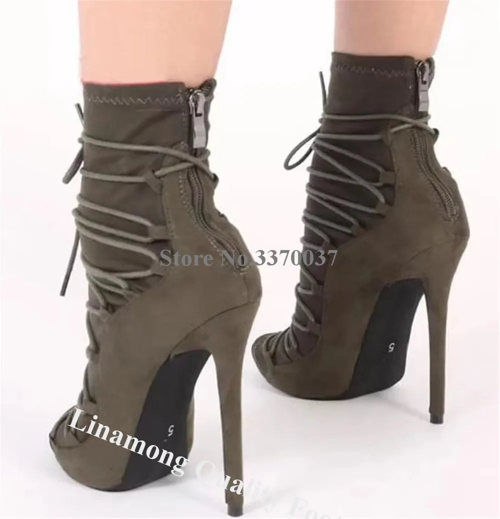 High Quality Women Fashion Open Toe Suede Leather Lace-up Gladiator Boots Super High Heel Ankle Boots Free Shipping