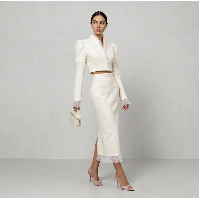 White Women's mesh two piece set Puff Sleeve V Neck blazer two piece dress set Daily Commuter Party  Outfit 2026 Summer Style