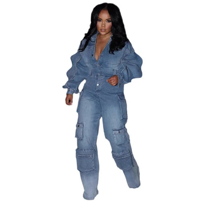 Jumpsuits Women Overalls Denim Spliced Long Sleeve Ruffles Rompers Pockets Streetwear Solid Jumpsuit Straight Pants Jeans Y2k