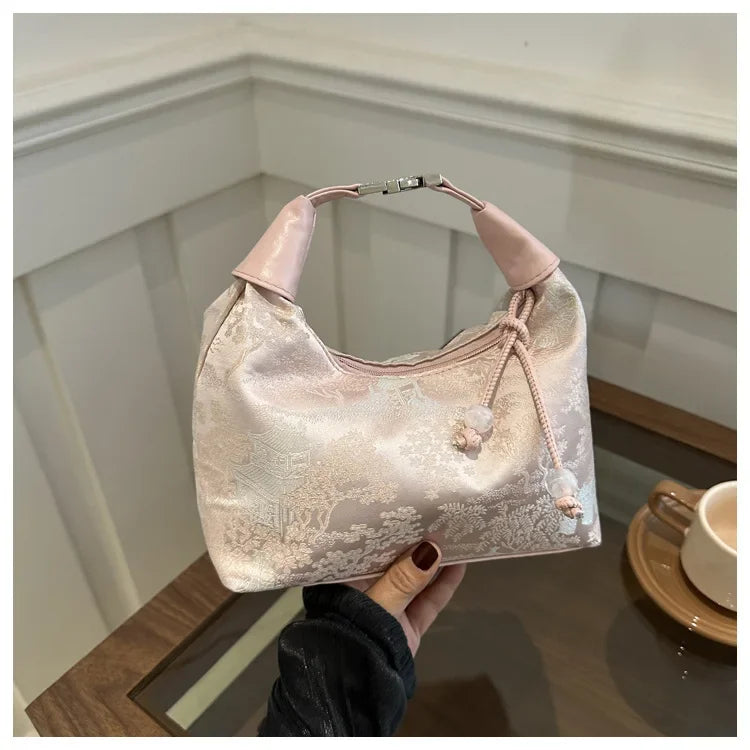 Fashion Luxury Women Embroidery Shoulder Bag Nylon Pearl Pendant Bucket Bag Versatile Handbag Retro Women Crossbody Bags сумка