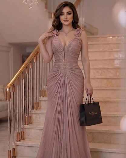 Customized Elegant Women Handmade Flower Sequined Straight Evening Dresses Classic Spaghetti Strap Sleeveless Long Prom Dresses