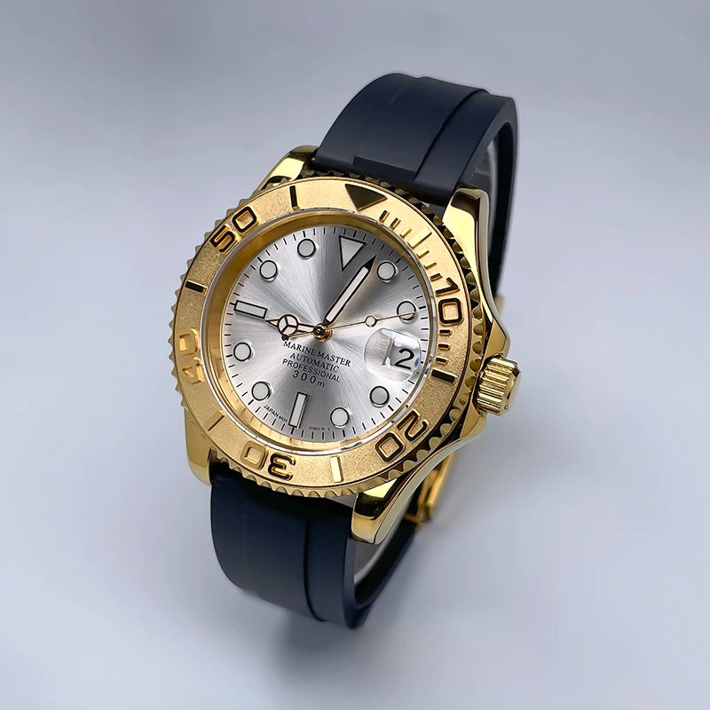 NH35 Automatic Watch Men 40MM Full Gold YM Ceramic Bezel Two-Way Rotating Sapphire Glass Luminous Luxury Rubber Strap for Man