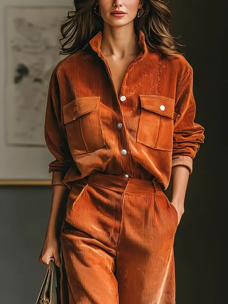 Retro Corduroy Shirt and Wide Leg Pants Matching Set, Autumn Winter Casual Blouse Top and Trousers Jumpsuit
