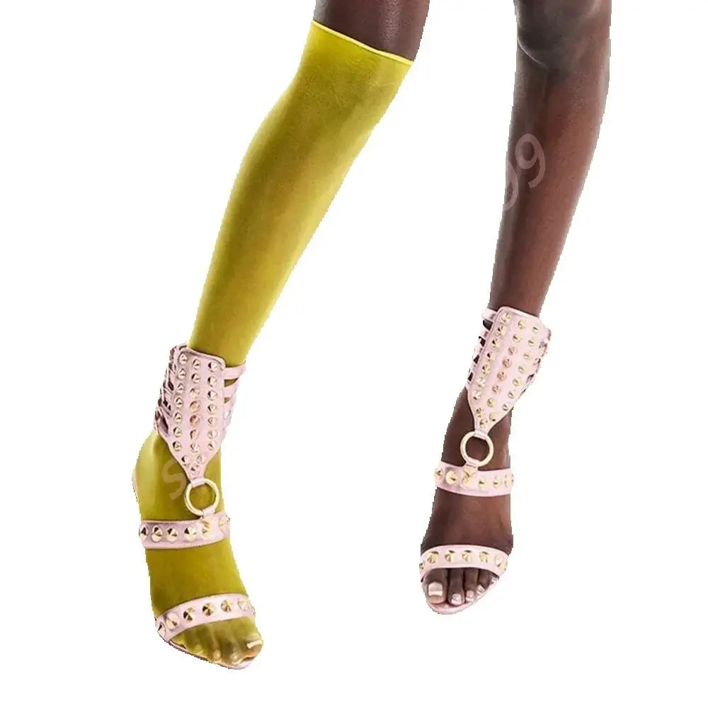 Metal Rivet Open Toe Roman Sandals 2025 Summer New Sexy Catwalk Stiletto Ladies Sandal Ins Style Street Fashion Party Stage Pump