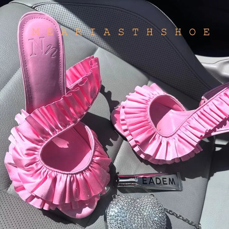 Solid Satin Ruffles Stiletto Sandals Women Elegant Back Strap Sweet Party Flower Shoes Ladies Open Toe Leopard Evening Sandals