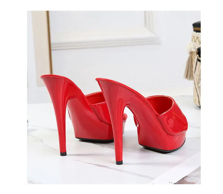 13CM Woman Slippers Mule Patent Leather Sandals Sexy Fashion Slides Party Shoes for Women Luxury Black Summer Platform Sandals