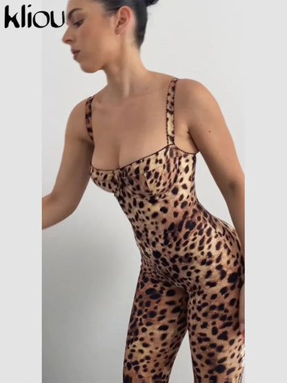 kliou Leopard Printed Women Jumpsuits Sexy Hot Popular Low Neck Spaghetti Strap Skinny Overalls Female Trend Midnight Clubwear