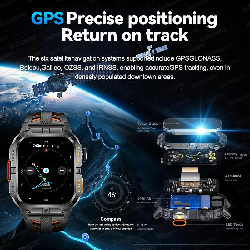 New Outdoor Military Men Smartwatch Equipped With GPS Sports LED Lighting, Compass, Wireless Communication IP68 Waterproof Watch