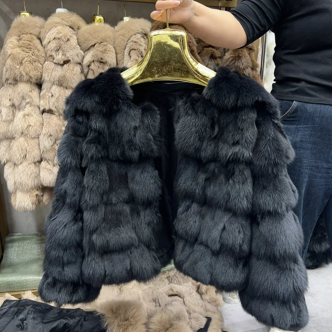 HUA QIU MEI SI Women's Natural Fox Fur Jacket with Fox Collar for Winter Warmth, Short Style Real Fox Fur Leather Jacket