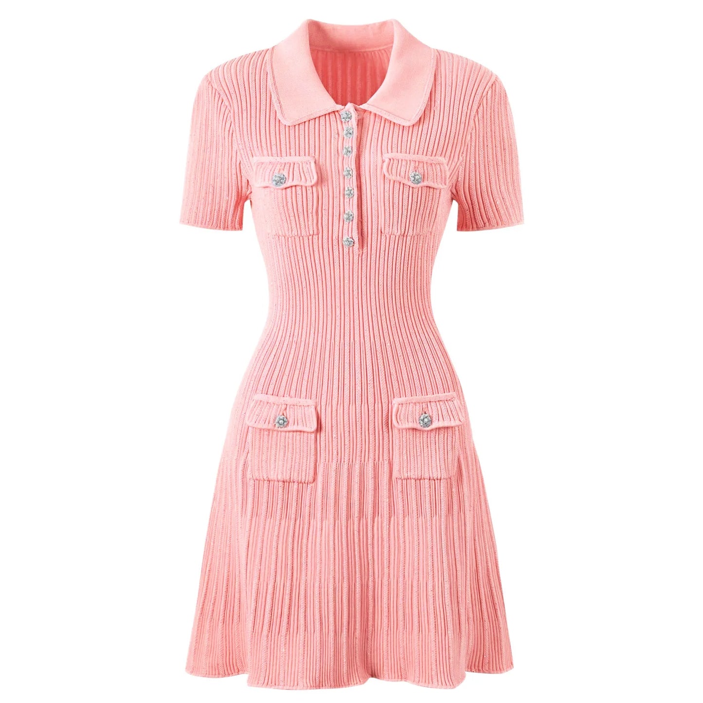 ZJYT Runway 2025 Women's Fashion Summer Knitted Sweater Dress Designer Turn-Down Collar Mini Party Dress Blue White Vestidos