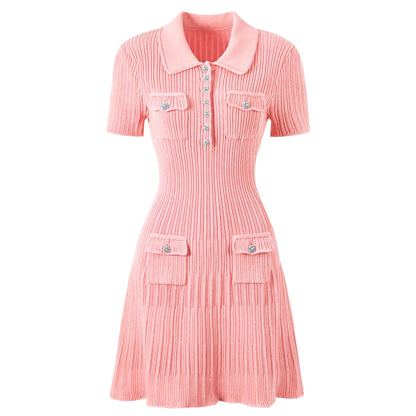 ZJYT Runway 2025 Women's Fashion Summer Knitted Sweater Dress Designer Turn-Down Collar Mini Party Dress Blue White Vestidos