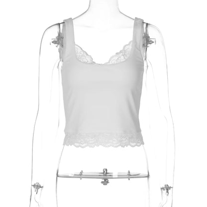 Dulzura Square Collar Backless Slim Lace Ruffles Patchwork Tank Top Women'S Fashion Sexy Y2K Top Party Vacation Summer Clothes