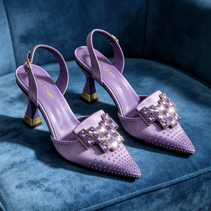 Elegant Taro Purple Satin Slingback High Heels for Women – Pointed Toe with Geometric Rhinestone Block Heels – Perfect