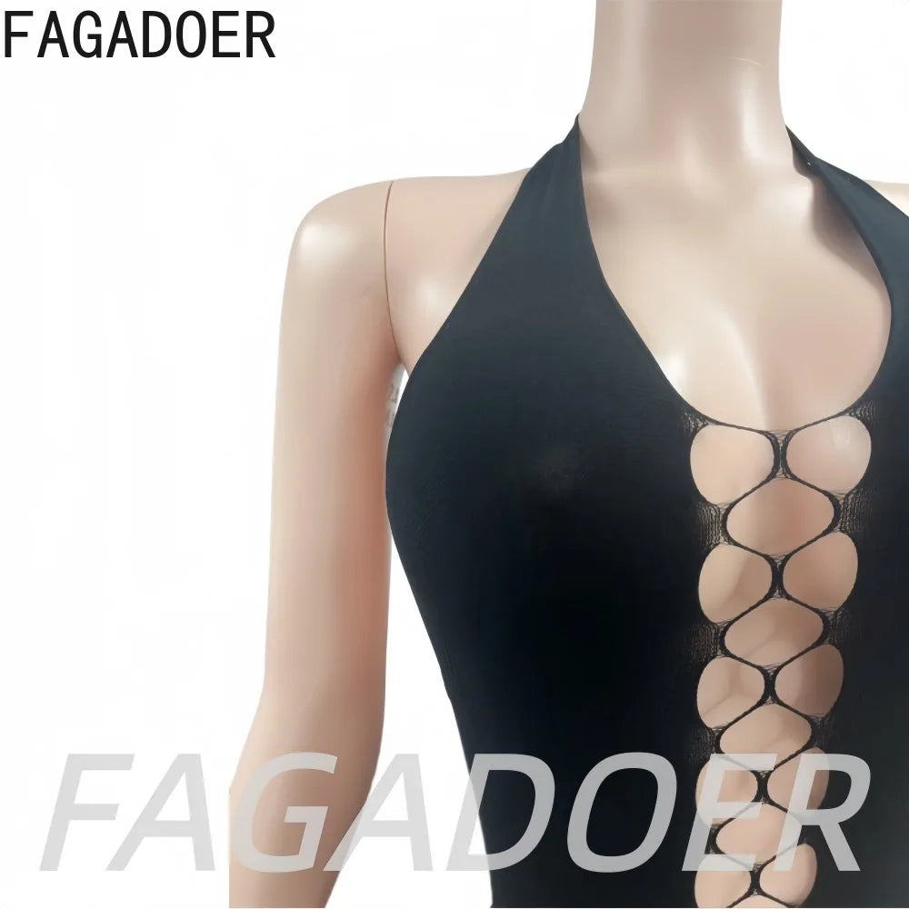 FAGADOER Sexy Black Hollow Out Jumpsuits Fashion Off Shoulder Halter Side Cross Lace-Up Cutout Bodycon Rompers Night Club Wear
