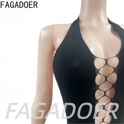 FAGADOER Sexy Black Hollow Out Jumpsuits Fashion Off Shoulder Halter Side Cross Lace-Up Cutout Bodycon Rompers Night Club Wear