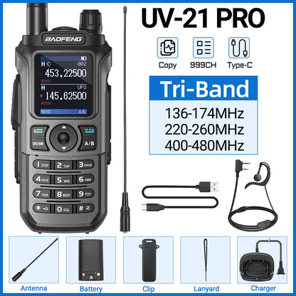 Baofeng UV-21 Pro V2 Wireless Copy Frequency Tri Band Powerful Waterproof Long Range UV-5R Long Range Type-C Two Way Ham Radio