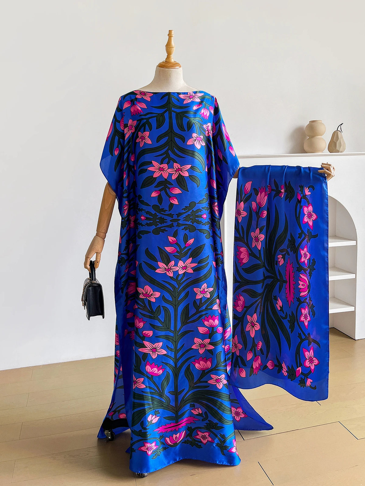 Boho Floral Print Abaya Kaftan Dress With Scarf, Loose Batwing Maxi Dress For Muslim Women Beach Holiday Wear