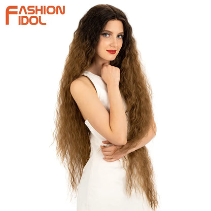 FASHION IDOL 42inch/105cm Super Long Lace Front Wigs Water Wavy Curly Hair Synthetic Wigs For Women Ombre Blonde Wigs Cosplay