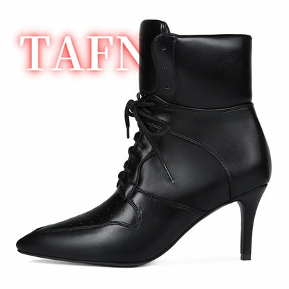 Women's Stitching Lace-Up Short Boots Pointed Toe Stiletto Breathable Casual Party Sports Boots High-heeled Plus Size Shoes 47