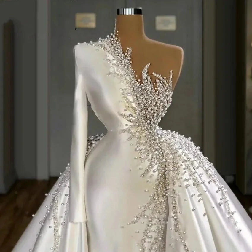 Detachable Wedding Dresses Mermaid One-shoulder Pearls Bridal Gown Saudi Arabia Dubai Islamic Vestido De Noiva Customized