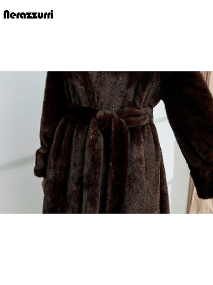 Nerazzurri Autumn Winter Long Brown Thick Warm Elegant Luxury Fluffy Faux Mink Fur Coat Women V Neck Sashes Chic Furry Overcoat