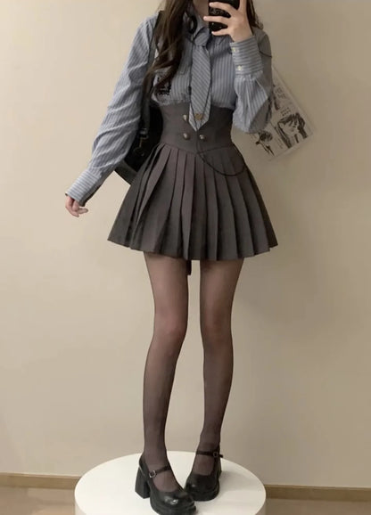 Spring 2025 Preppy Style American Uniform Set Girls Short Suit Coat Long Sleeve Striped Shirt Slim High Waist Pleated Skirt Grey