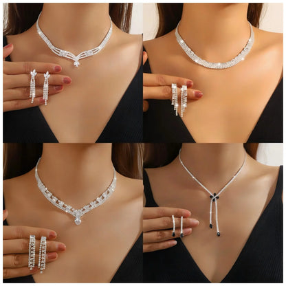 Ladies' Fashionable Silver-Plated And Diamond-Encrusted Metal Necklace, Earrings Set, Bride'S Wedding Attire And Accessories