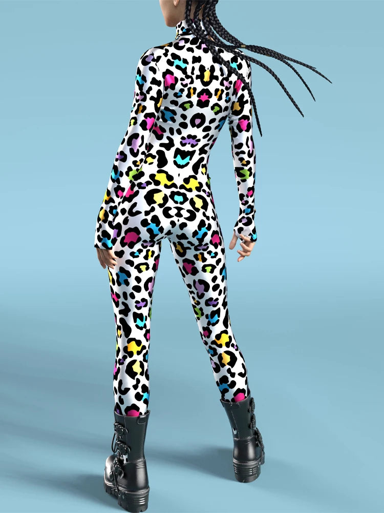 Women Sexy Rainbow Spot Print Jumpsuit Halloween Colorful Spotted Dog Cosplay Bodysuit Festival Theme Party Catsuit Rave Outfits