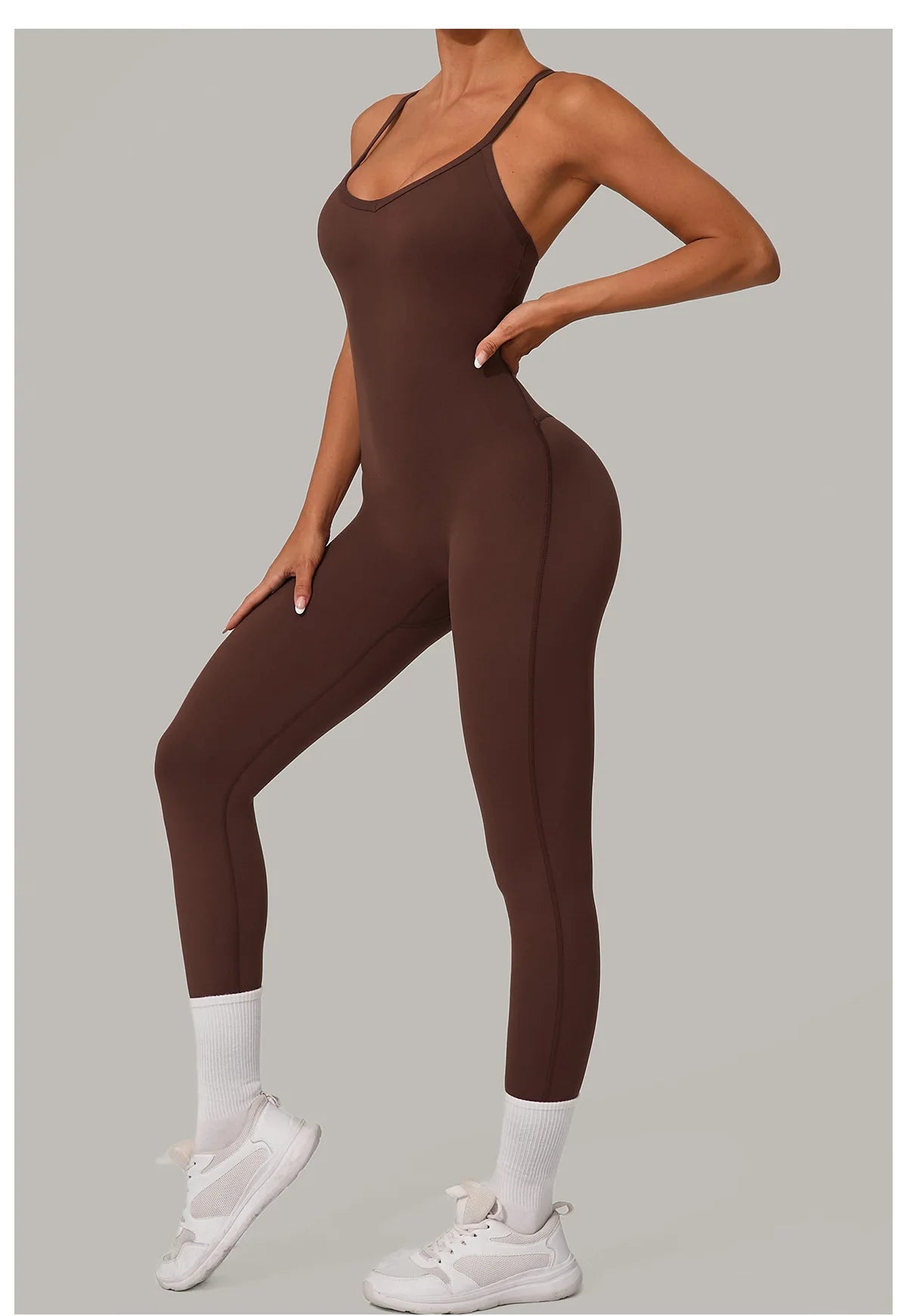 New Nylon Pad V-Neck Wrap Yoga Bodysuit - Adjustable Hook Tummy Control Butt Lift Workout Jumpsuit