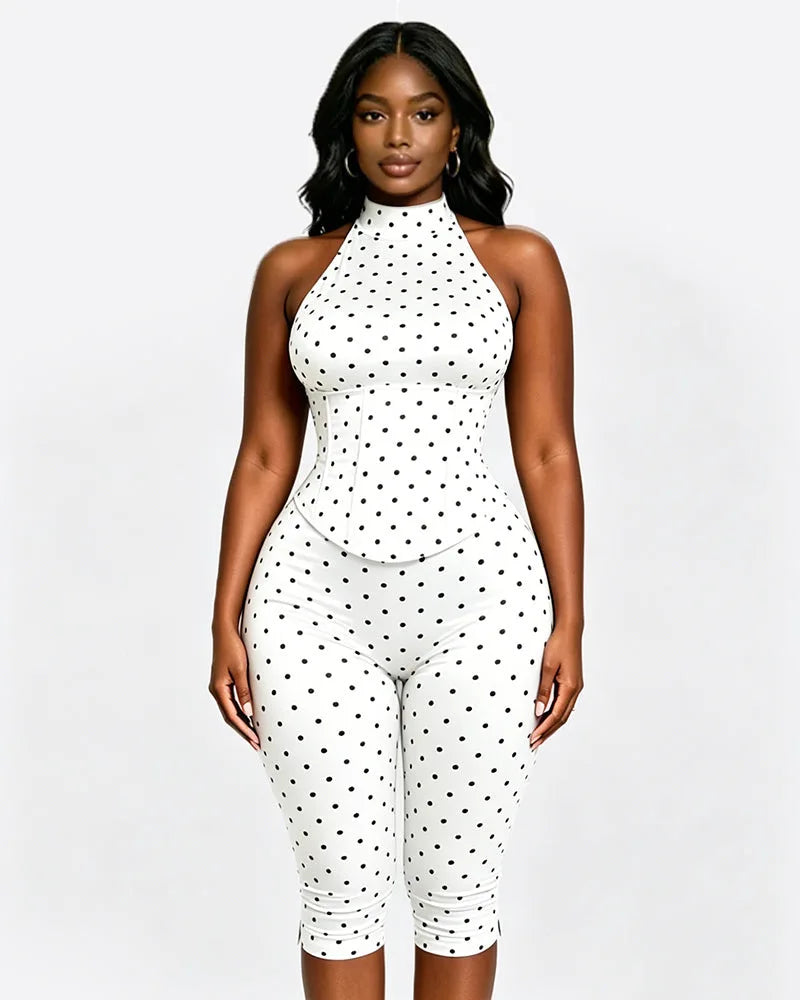 FAGADOER Cute Polka Dot Bodycon Rompers Hot Girl Streetwear Lace Up Bandage Corset Halter Jumpsuits Summer Night Club Playsuits