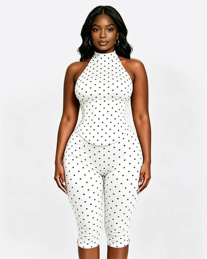 FAGADOER Cute Polka Dot Bodycon Rompers Hot Girl Streetwear Lace Up Bandage Corset Halter Jumpsuits Summer Night Club Playsuits