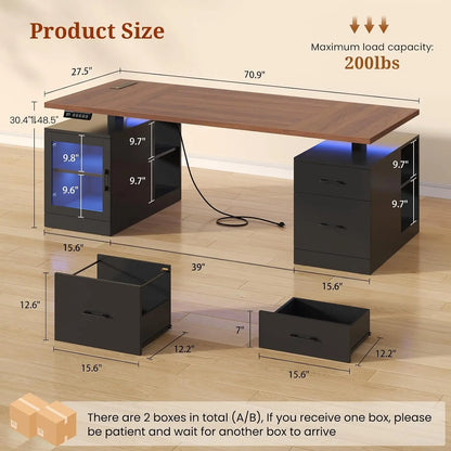 71 in Executive Standing Desk, Electric Height Adjustable Desk with Storage Drawers, Glass Cabinet, Shelves, Power, Customized