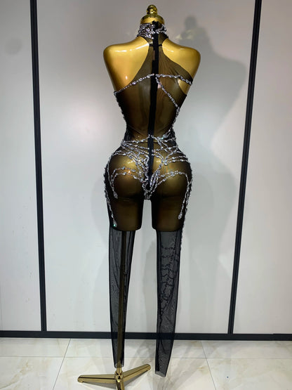 STOCK Sparkly Diamond Women Sexy Mesh Jumpsuit Nightclub Bar Party Show Gogo Dancer Clothing Drag Queen Outfit Stage Costume