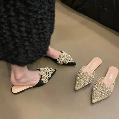 New Women's Shoes Exquisite Imitation Pearl Mueller Slippers for Woman Elegant French Casual Shoes Designer Shoes Zapatos Mujer