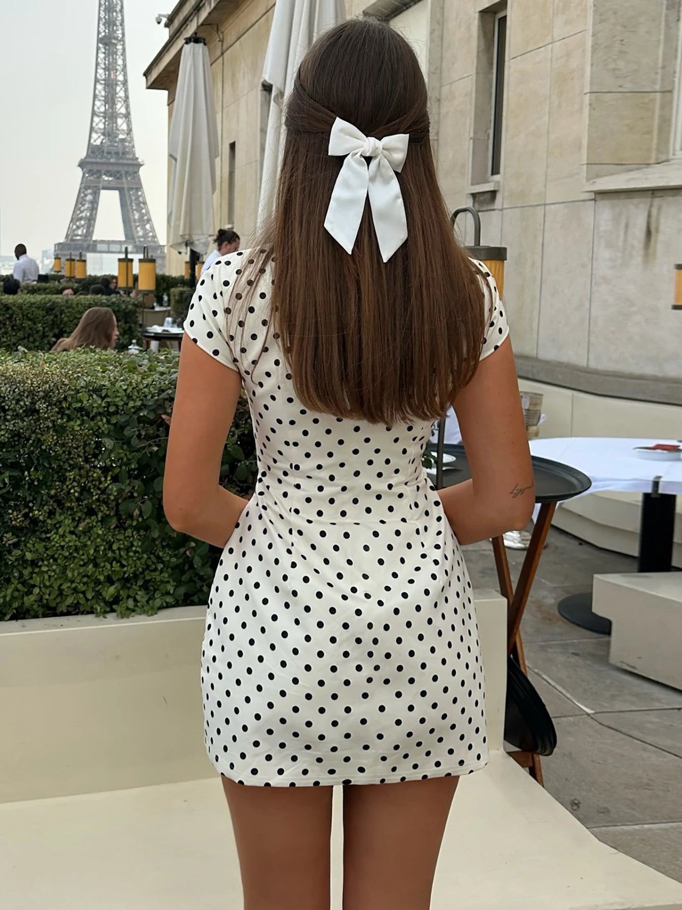 Dulzura Turtleneck Short Sleeve Lace Up Hollow Out Polka Dot Mini Dress Women'S Fashion Sexy Elegant Dress Party Vacation Outfit