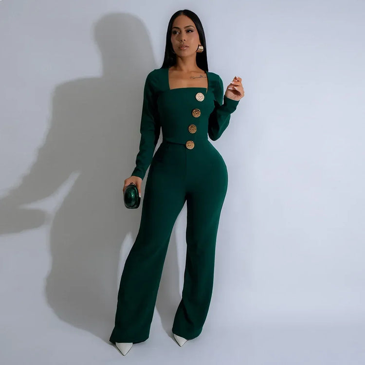 CM.YAYA Elegant Button Long Sleeve Irregular Girl Jumpsuits 2025 Spring Women's Overalls Outfits Night Club Streetwear One Piece