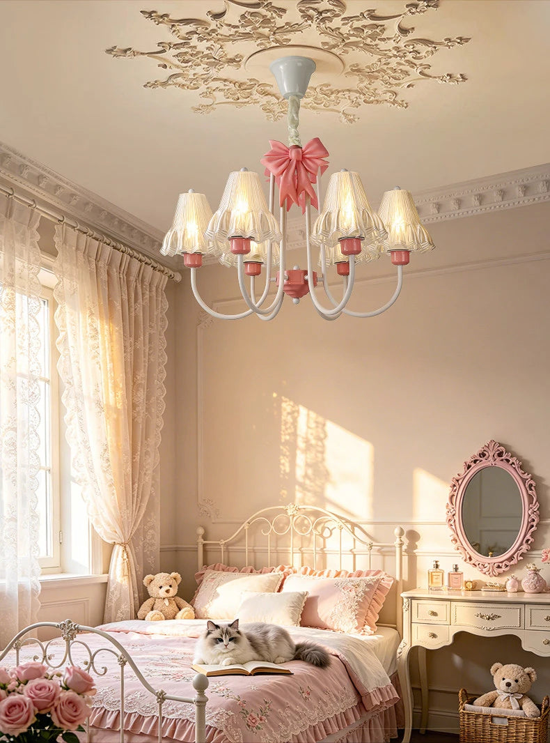 Romantic Princess Room Pink Chandelier Lamps French Bow Tie Pendant Light LED E27 Kids Girl Baby Bedroom Ceiling Chandelier Lamp