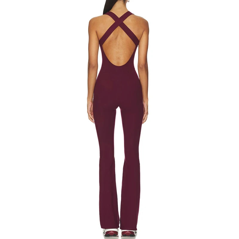 Women's Cleanfit Sleeveless Slim Fit Jumpsuit Lace Trim Patchwork Ruched V-Neck Back Cross Flare Long Pants Rompers