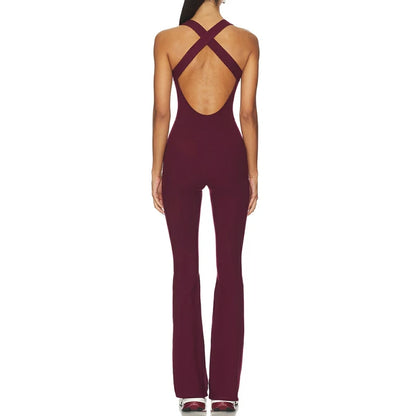 Women's Cleanfit Sleeveless Slim Fit Jumpsuit Lace Trim Patchwork Ruched V-Neck Back Cross Flare Long Pants Rompers
