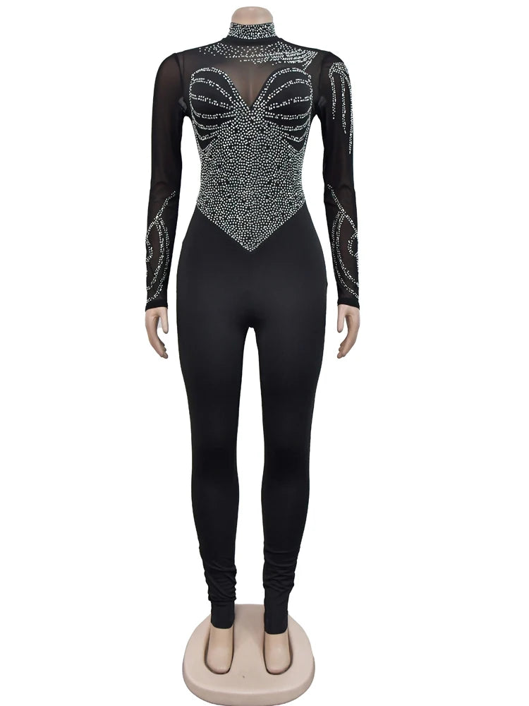 Beyprern Women's Sheer Mesh Crystal Jumpsuits One Piece Outfits Glam Fitted Long Sleeve Pearls Rhinestone Rompers Club Overalls