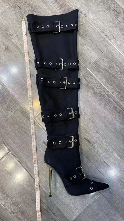 New Women Denim Metal Rivet Buckle Sandals Women Sexy Punk Style Pointed Hollow Metal 11cm High Heel Knee High Boots Size34-43