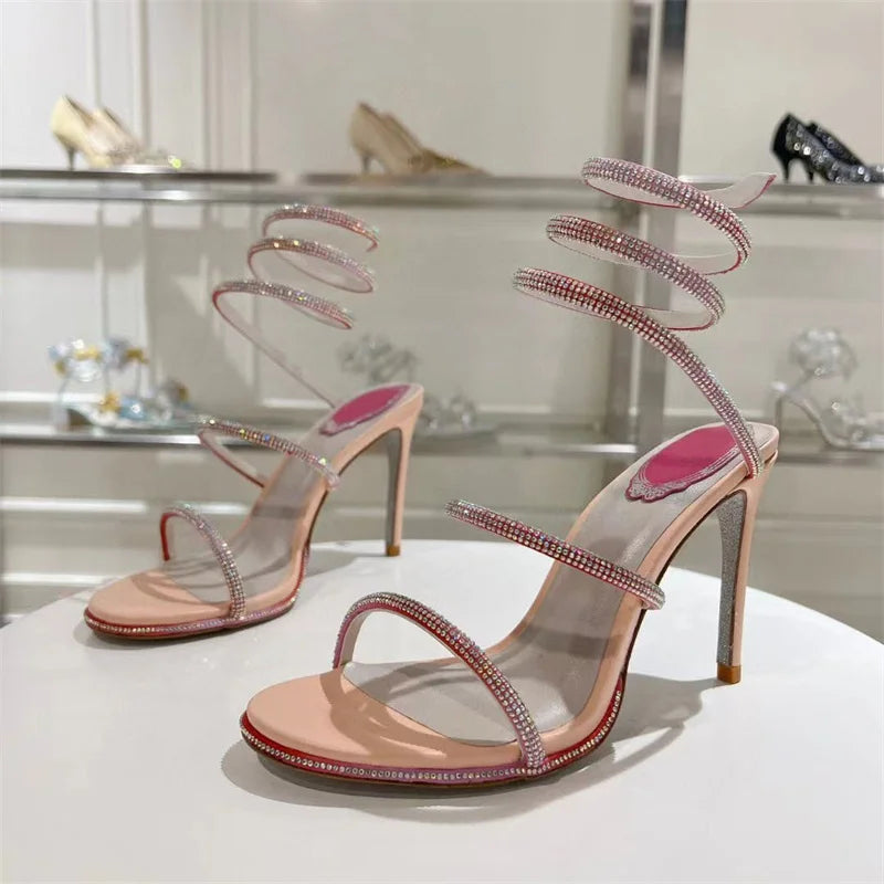 Summer Crystal Gladiator Sandals Women Rhinestone Twine Around Ankle Snake Wedding Shoes High Heels Sandals Woman