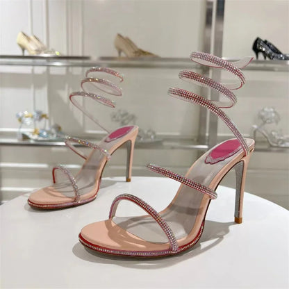 Summer Crystal Gladiator Sandals Women Rhinestone Twine Around Ankle Snake Wedding Shoes High Heels Sandals Woman