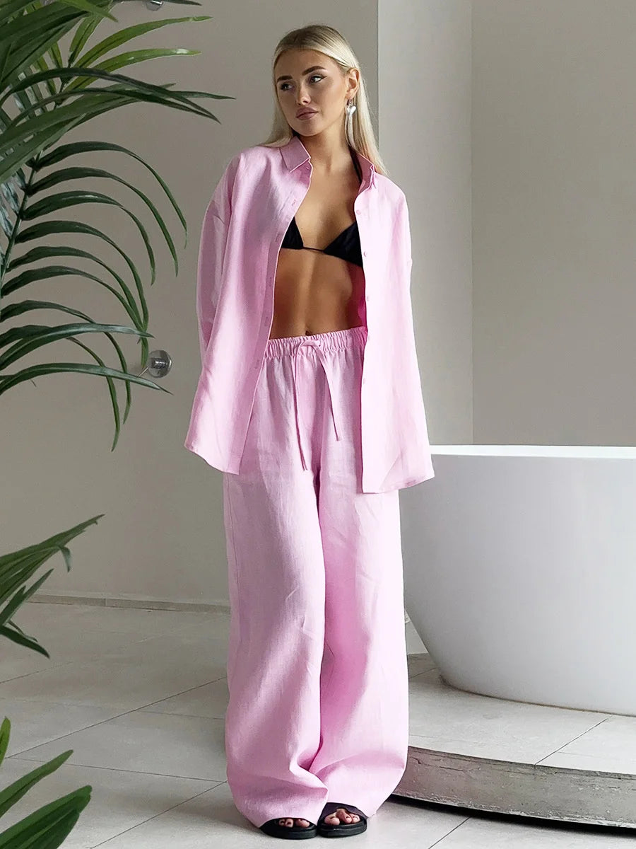 Casual Lapel Shirt Pants Suits Fashion Single Breasted Blouses Elastic Waist Pants 2026 Spring Sets Woman 2 Piece Loose Outfits