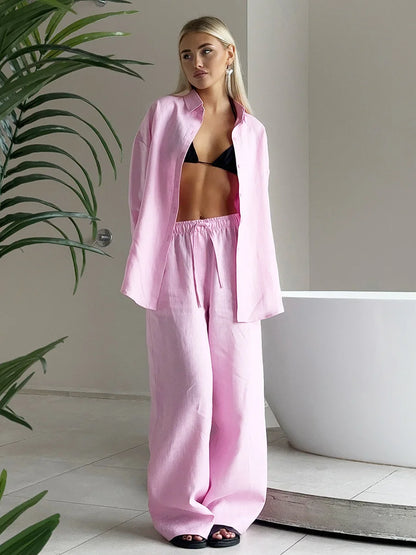 Casual Lapel Shirt Pants Suits Fashion Single Breasted Blouses Elastic Waist Pants 2026 Spring Sets Woman 2 Piece Loose Outfits