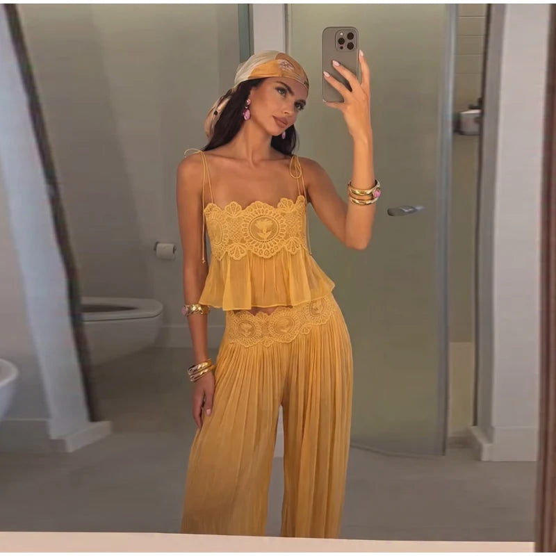 Beach Lace Hollow Out Women's Summer Pants Sets Lace Up Backless Spaghetti Strap Crop Top Loose Pleated Lantern Pant 2026 Suit
